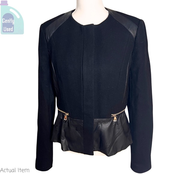 Zara Leather and Wool Peplum Skirted Black Jacket Size Large - Picture 2 of 8